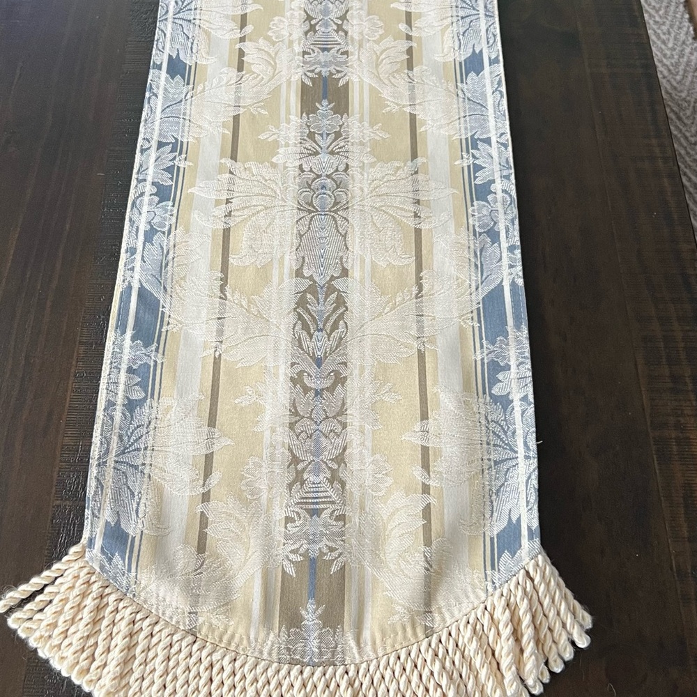 Elegant Beige and Blue Table Runner with Fringe